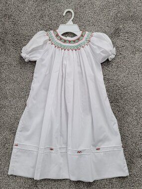 Vintage Girls White Smocked Feltman  Bros Dress 4T- Christmas